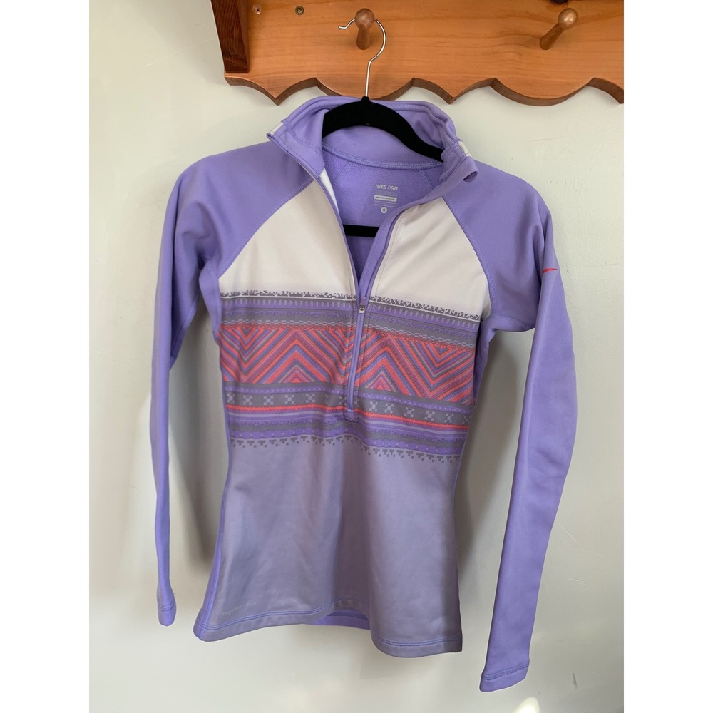 Nike Pro Hyperwarm Womens Small Purple Chevron Fleece Lined Half Zip Pullover